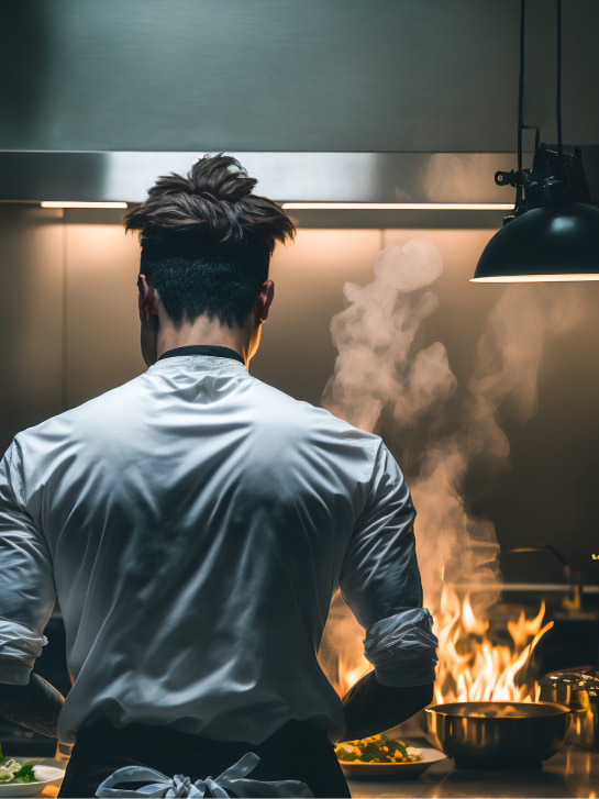 Questa immagine rappresenta un cuoco mentre lavora nella sua cucina professionale e i fumi vengono assorbiti dalle cappe